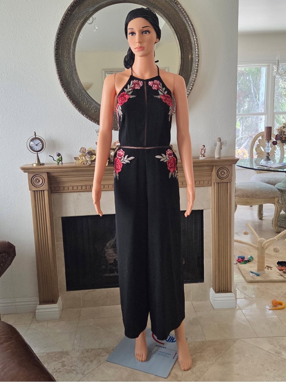 Gianni Bini Black Halter Jumpsuit with Pink & Red Floral Embroidery